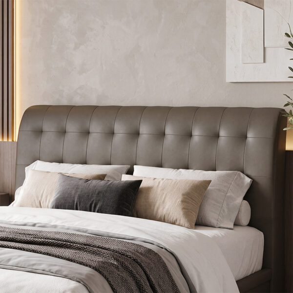 Close-up of the Baronial bun-tufted headboard
