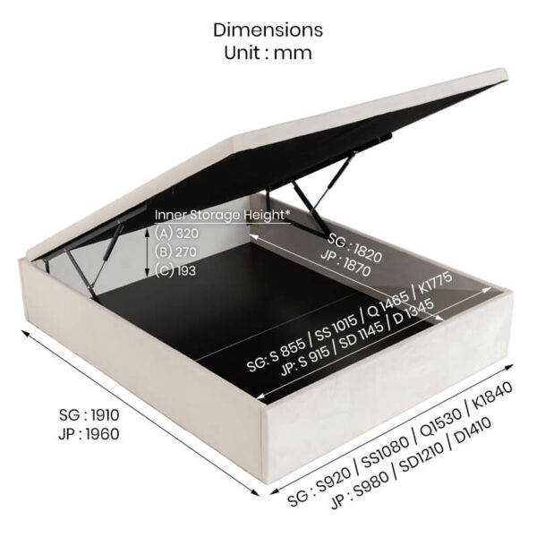 Lucy Storage Bed dimensions in Singapore and Japan sizes