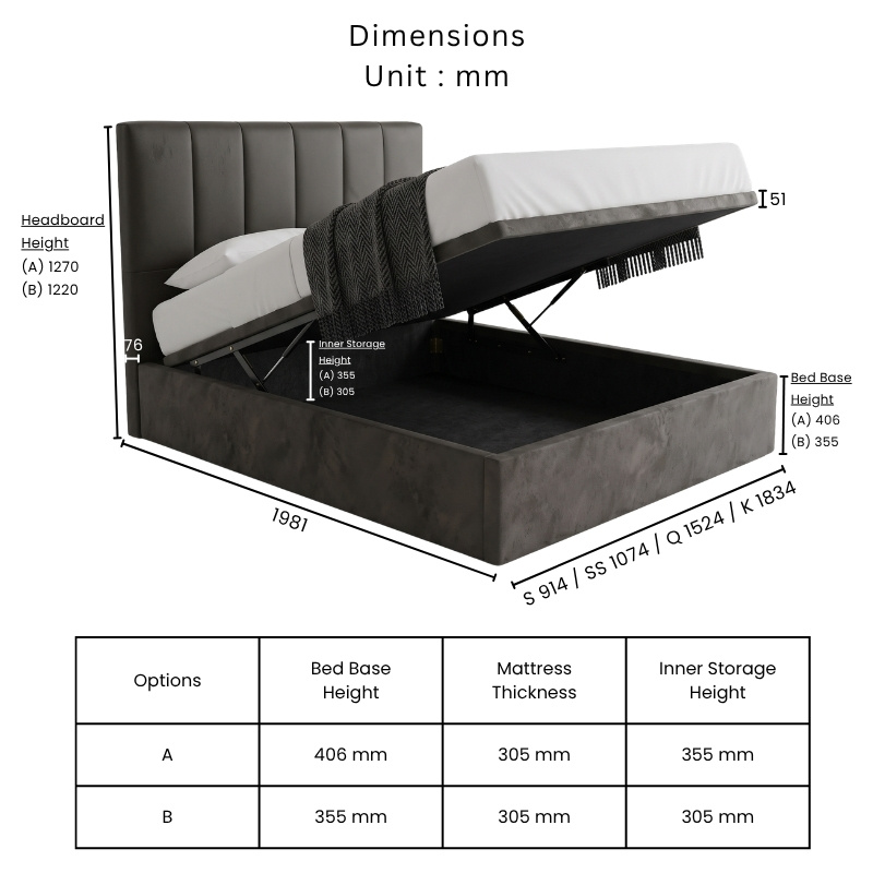 Lune storage bed dimensions in mm