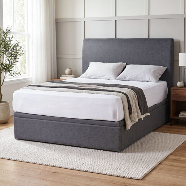 Mica Fabric Storage Bed in Dark Grey in a bedroom