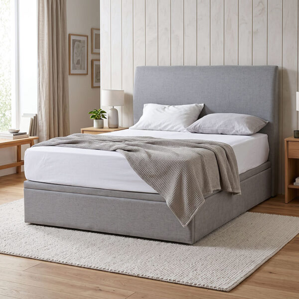 Mica Fabric Storage Bed in Light Grey in a bright bedroom