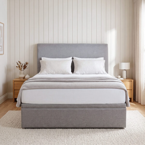 Mica Fabric Storage Bed in Light Grey, front view