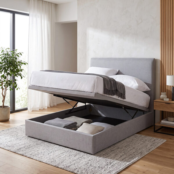Mica Fabric Storage Bed lifted open on hydraulic lifts