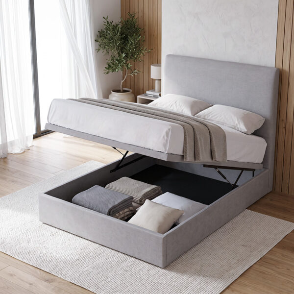 Mica Fabric Storage Bed with storage open, seen from above
