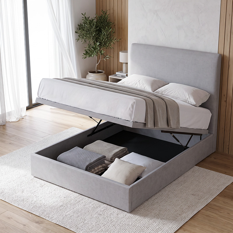 mica-mica-storage-bedframe-light-grey-open-storage-high-angle-view_1 Mica Fabric Storage Bed with storage open, seen from above