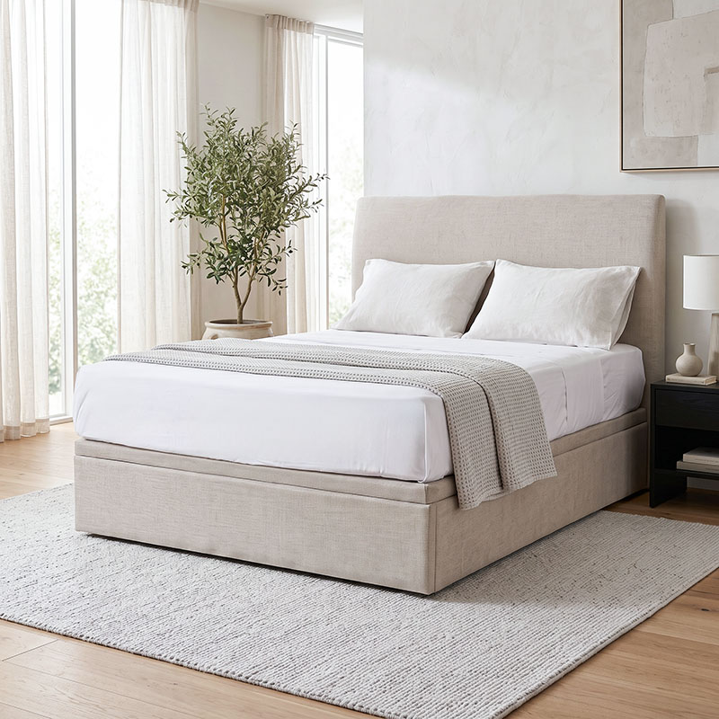 mica-mica-storage-bedframe-oat-cream-bedroom-lifestyle Mica Fabric Storage Bed in Oat Cream in a bedroom