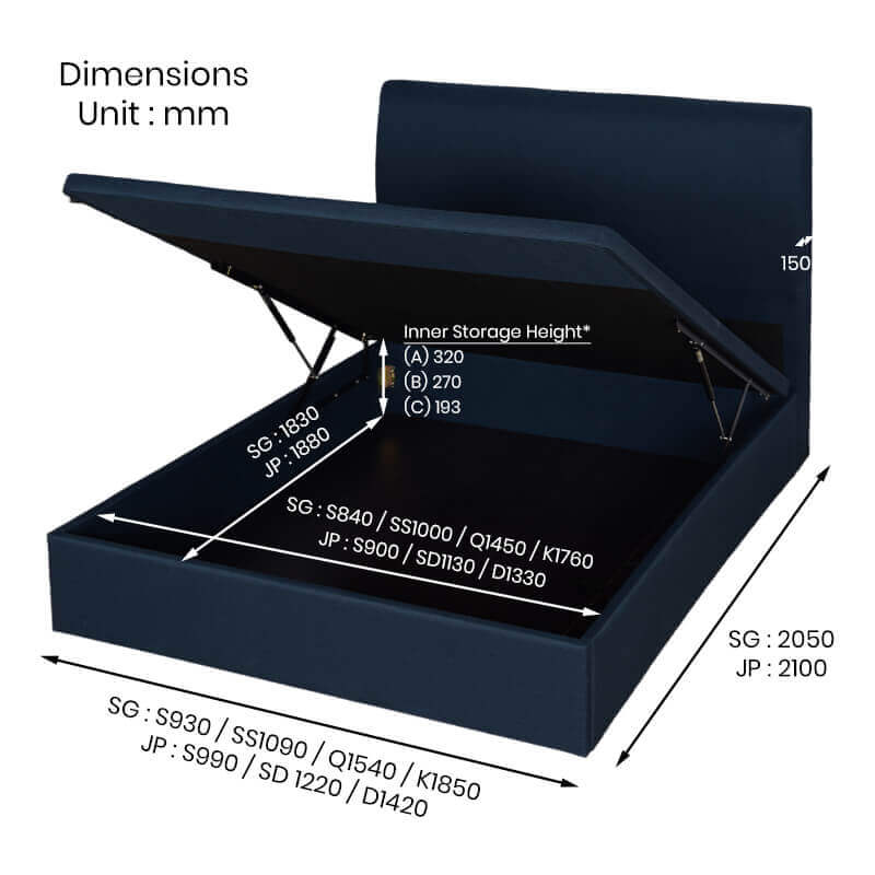 Mica Fabric Storage Bed dimensions in Singapore and Japan sizes